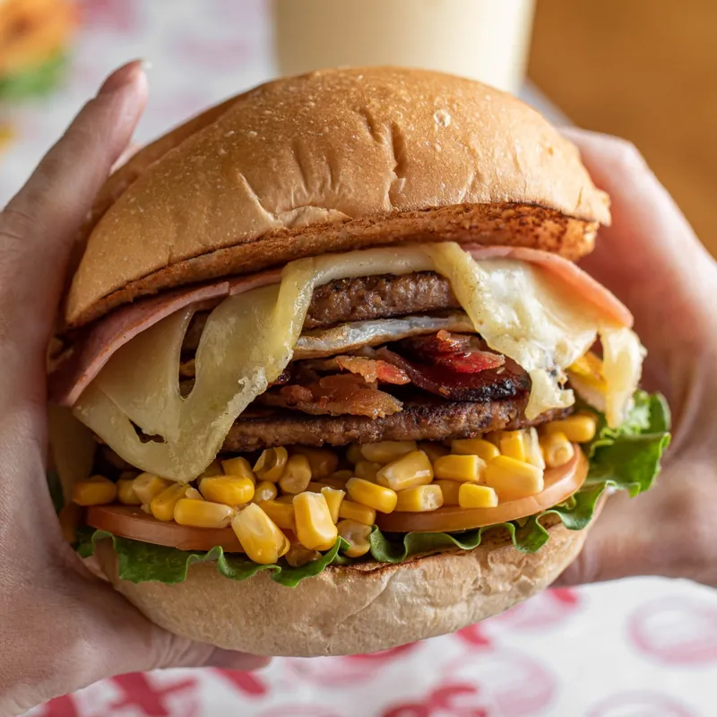 Hambúrguer 90g do Patropi com ovo, bacon, presunto e milho